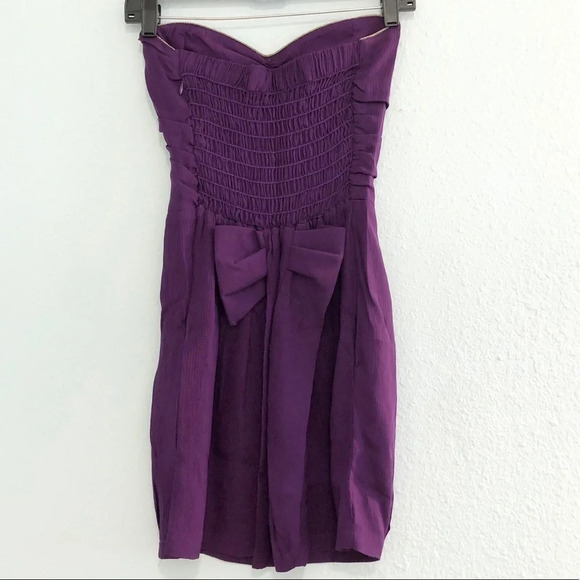 Myne Purple Gold Silk Strapless Mini Short w/ a Bow Dress 2 - Picture 4 of 6
